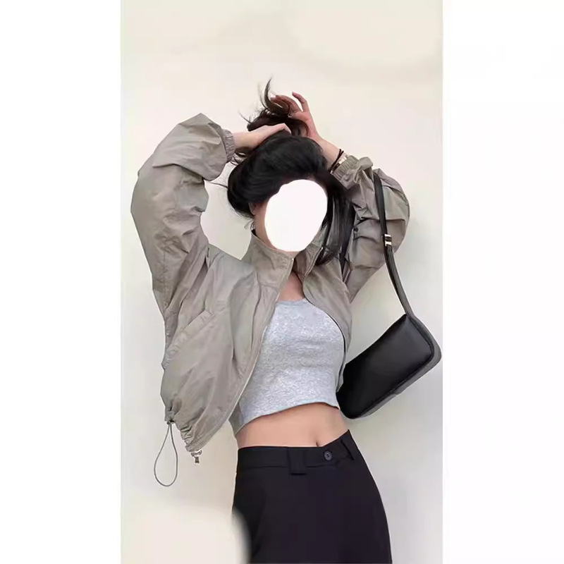 European-made lightweight short sunscreen clothing for small people stand collar design niche outdoor sunscreen clothing gray jacket coat