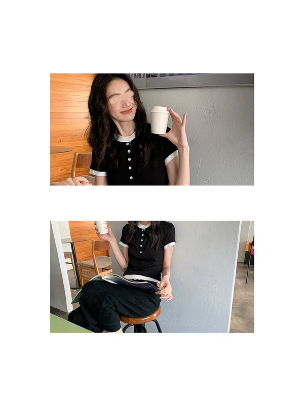 Hello Canon フェイクツーピーススプライシングヘンリーカラー半袖 Tシャツ女性の夏の新しいデザインコントラストカラーコットントップ|undefined