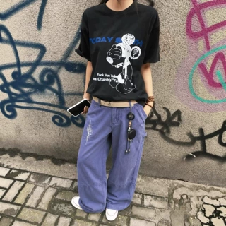 高货「血刃玫瑰」鼹鼠皮蓝色水洗做旧刺绣马毛皮直筒工装裤法工裤