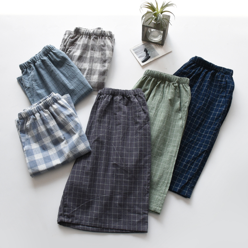 Plaid Simple Japanese Style Pajamas for Women and Men Summer Cotton Washed Thin Beach Shorts Couple Home Pants