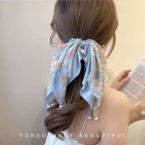 Summer fresh bow ribbon hair band pearl pendant ponytail hair accessories  new French silk scarf headband