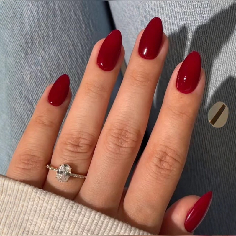 Burgundy Fake Nails Almond Nails Water Drop Nails Pure Color Pointed Nails Manicure Patches Nail Patches Export Nails 24 Pieces