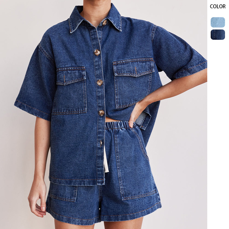 European and American Cross-Border 2025 Spring and Summer New Retro Casual Loose Flap Pocket Pants Short-Sleeved Shirt Shorts Denim Suit for Women