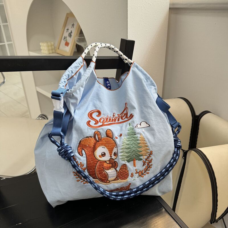 [Original] Summer Nylon Ten Thousand Needle Carefully Selected Embroidered Bag Cute Squirrel Fashion Large Capacity Shoulder Shopping Bag for Women