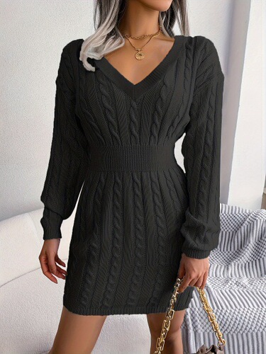 European and American Hot-Selling Long-Sleeved Knitted Sweater Dress—Sexy Hollow-Out V-Neck Outerwear Slim-Fit Hip-Hugging Skirt—Dopamine