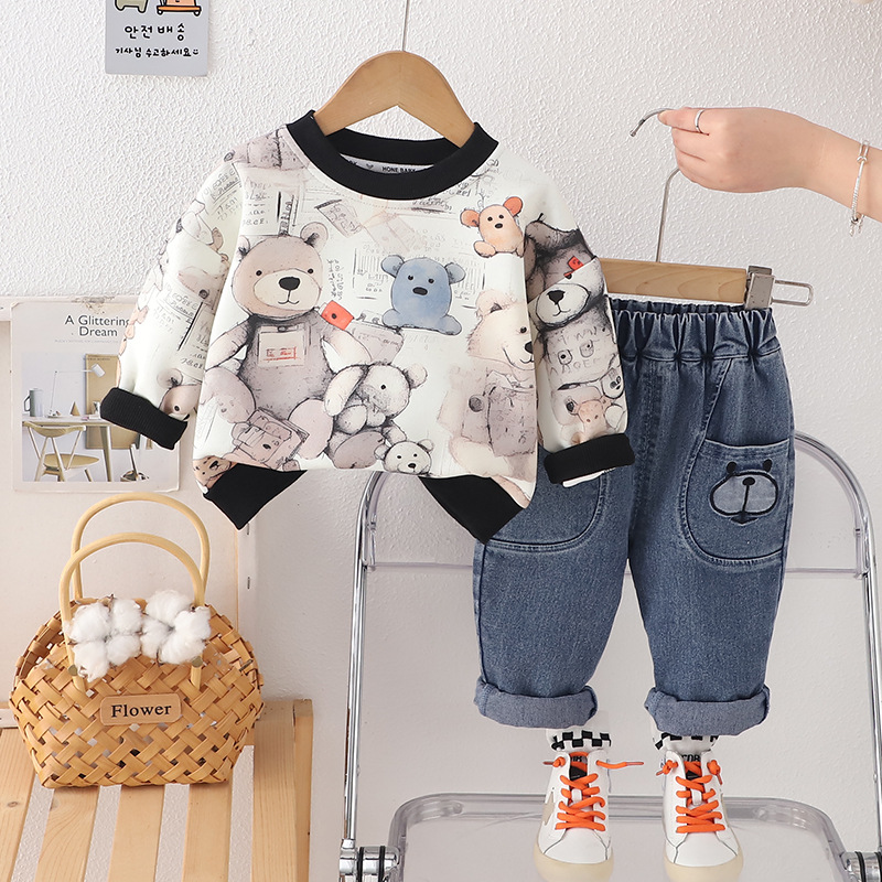 Sudadera con capucha para niños cuello redondo, estilo coreano – set con diseño de oso cute, primavera 2025.