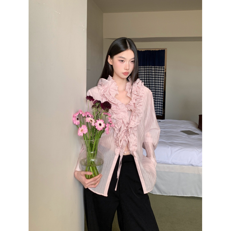 Ruffled Palace-Style Transparent Long-Sleeve Cardigan Shirt Blouse Ruffled Palace-Style Transparent Long-Sleeve Cardigan Shirt Blouse