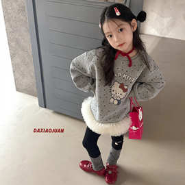 现货大小卷25春秋童装女童波点花边灰色圆领卡通宽松卫衣裙儿童