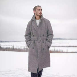 Stylish plaid coat on snowy days雪天保暖百搭绑带毛呢大衣男士
