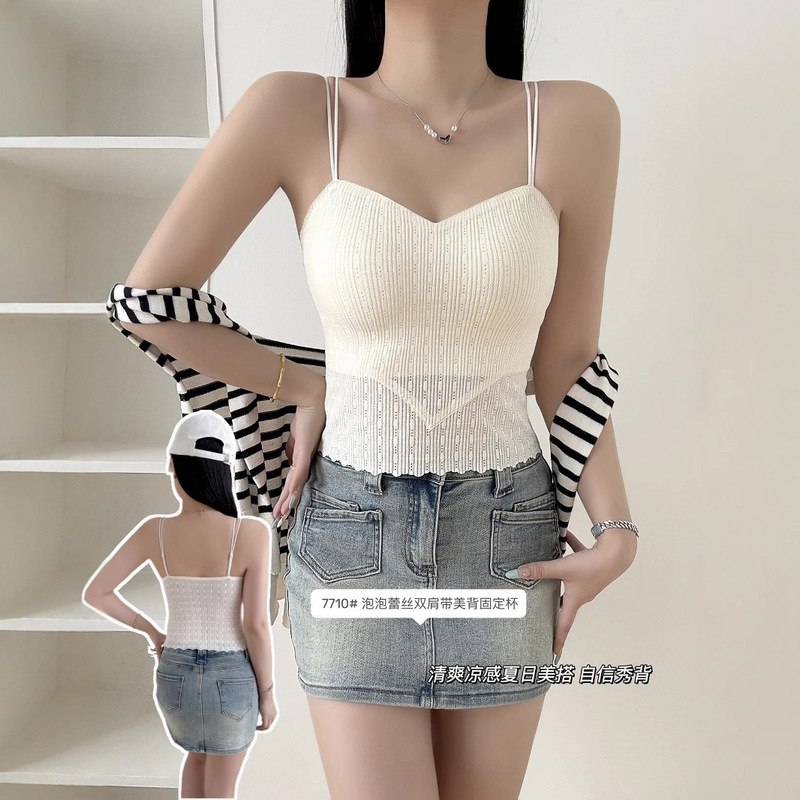 French-Style Bubble Lace Camisole for Women, Summer with Built-In Bra Pads, Beautiful Back, Thin Straps, Hot Girl Base Layer Top French-Style Bubble Lace Camisole for Women, Summer with Built-In Bra Pads, Beautiful Back, Thin Straps, Hot Girl Base Layer Top