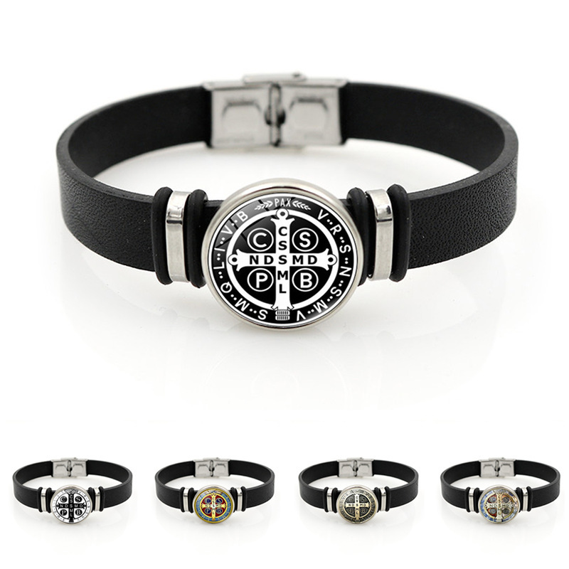 St. Benedict Medal Snap Buckle Bracelet Cross-border European and American Hot Selling Fashion Black Leather Bracelet Hand Jewelry St. Benedict Medal Snap Buckle Bracelet Cross-border European and American Hot Selling Fashion Black Leather Bracelet Hand Jewelry