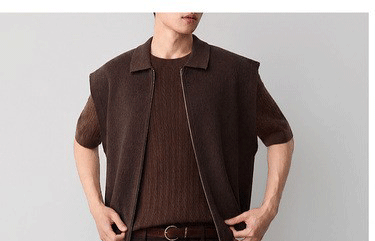 Áo gile len nam pha linen dáng cardigan khóa kéo phong cách công sở — đen chi tiết 12