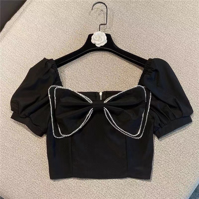Las niñas de verano nuevo estilo coreano puff manga camisa cuello cuadrado arco diamante incrustado moda para niños corto Top moda