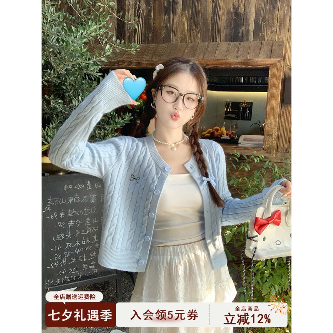 蓝色开衫毛衣外套女2026新款蝴蝶结刺绣麻花针织春秋上衣韩系穿搭