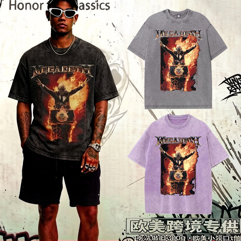 2026 Spring and Summer New Megadeth Metal Rock Band Vintage Heavy-Duty Washed and Distressed Short-Sleeved T-Shirt 2026 Spring and Summer New Megadeth Metal Rock Band Vintage Heavy-Duty Washed and Distressed Short-Sleeved T-Shirt