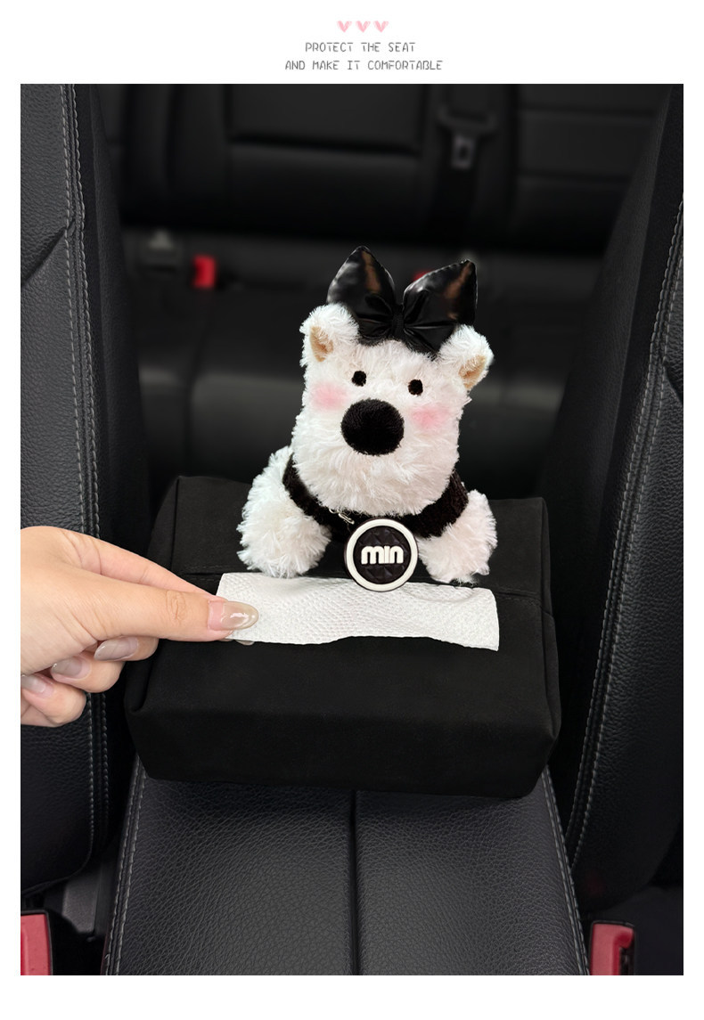 2026 New Cute West Highland Car Tissue Box, Armrest Box Tissue Holder, Seat-mounted Car Tissue Bag