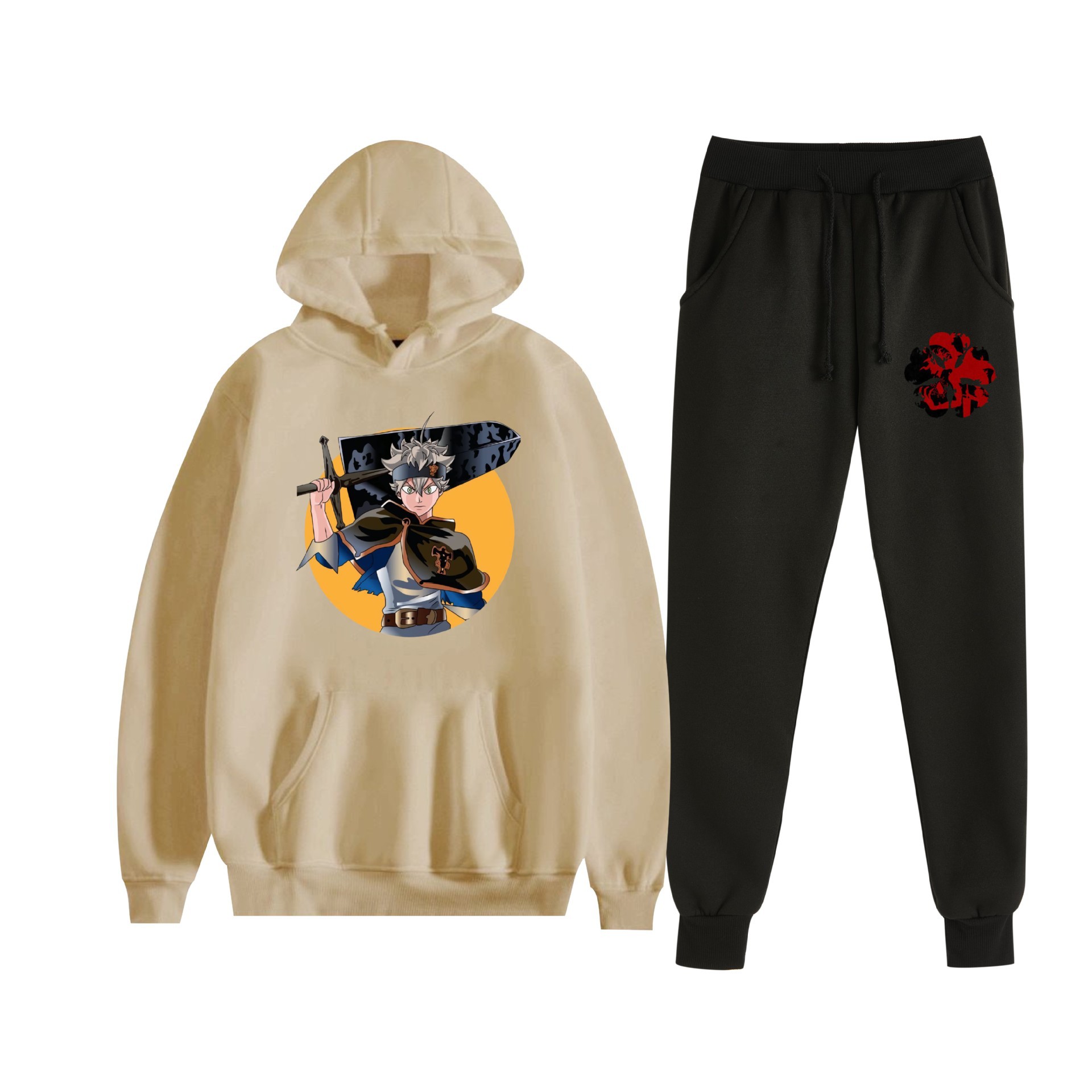 Europa y América otoño e invierno negro trébol de cuatro hojas periférico bidimensional hombres y mujeres deportes de ocio más suéter con capucha de terciopelo traje al por mayor