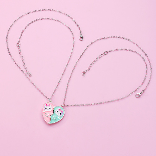 Cross-border new product children's necklace cartoon love pink and green big sister and little sister alloy dripping oil necklace set wholesale