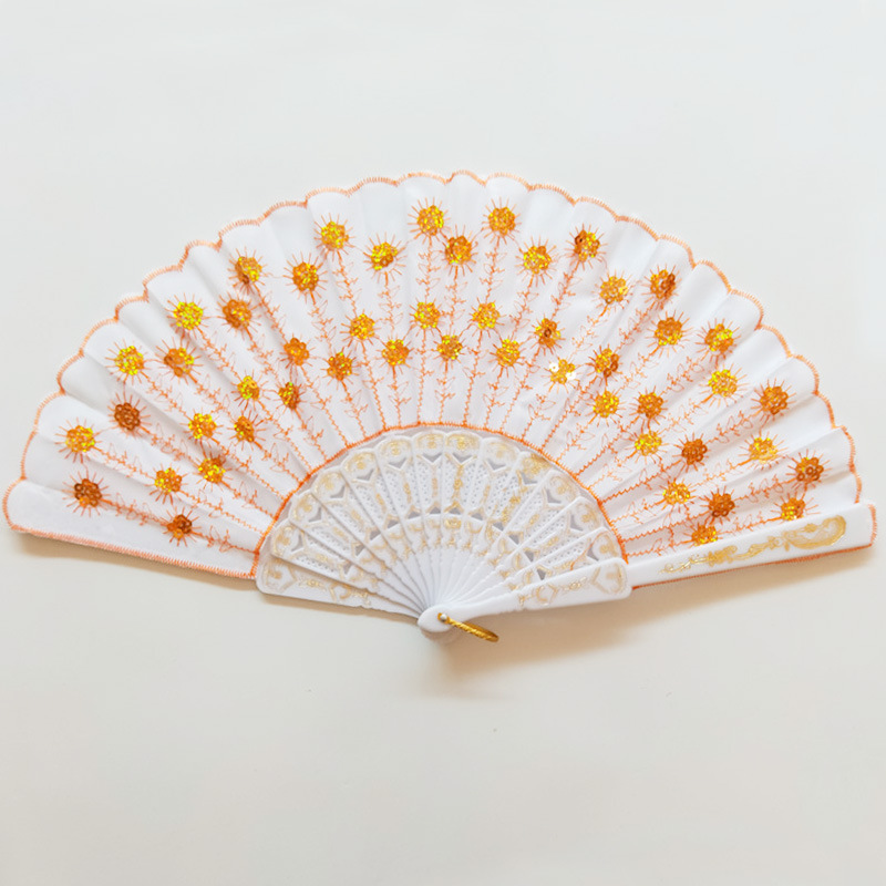 Mayorista barra negra de color sequinilla estampado ventilador plegable accesorios de baile ventilador de baile Wing Chun puede agregar impresión de tela de silk