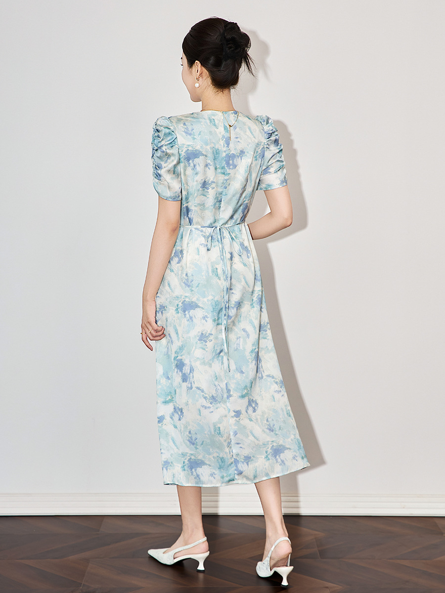 Đầm maxi nữ thắt eo chất liệu jacquard in họa tiết cao cấp — Màu xanh lam