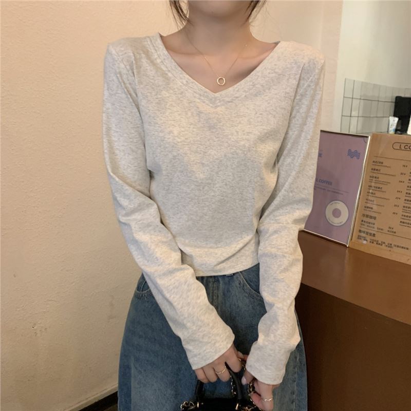 现货实拍韩版百搭V领设计感纯色内搭长袖纯棉打底女T恤春秋经典|undefined