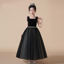 儿童钢琴演奏礼服高端小提琴比赛黑色演出服小女孩洋气网纱蓬蓬裙