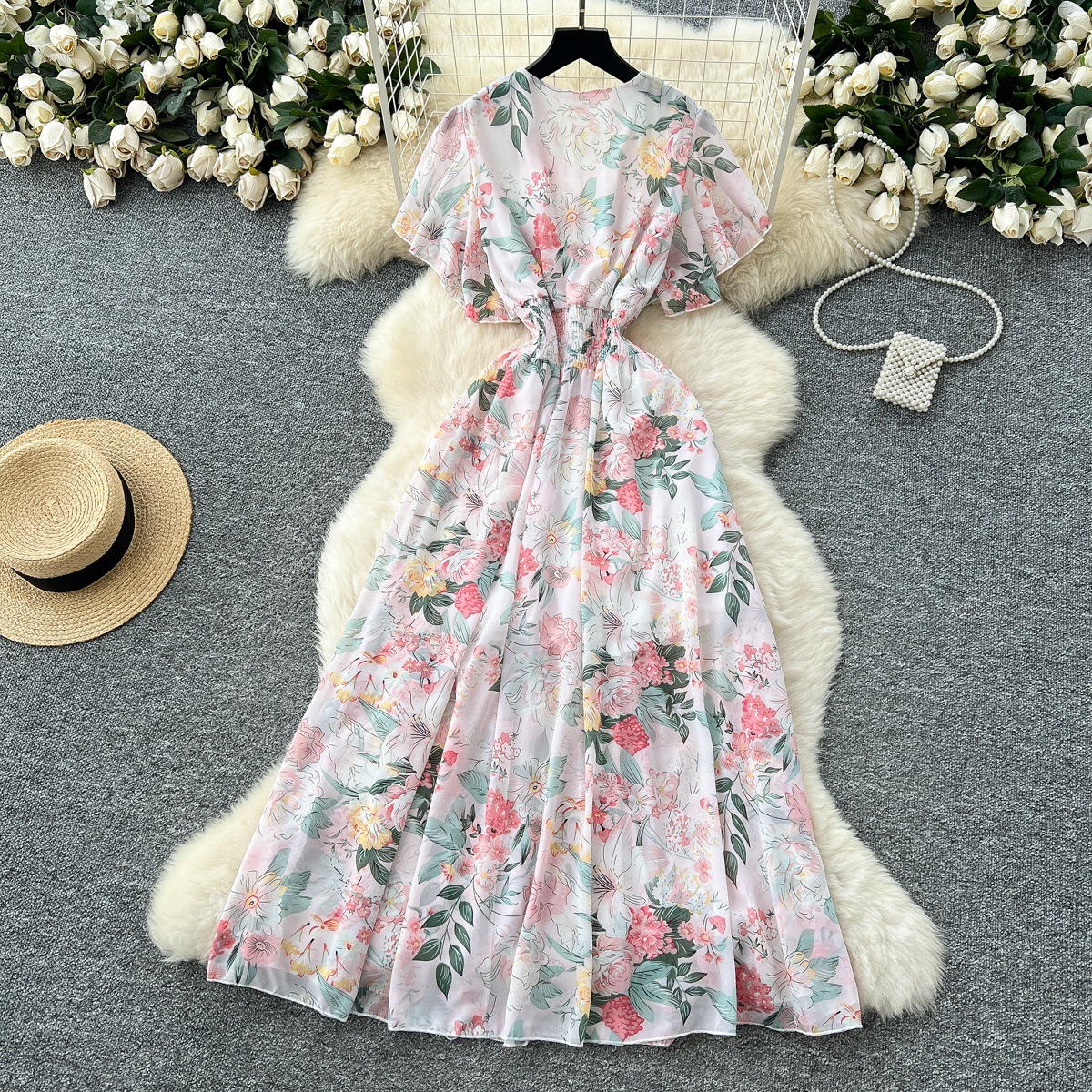 Women's Clothing Summer Slimming Ruffled Floral Dress V Neck Short Flutter Sleeve Lace Up Waist Cinching_ecoleips.com