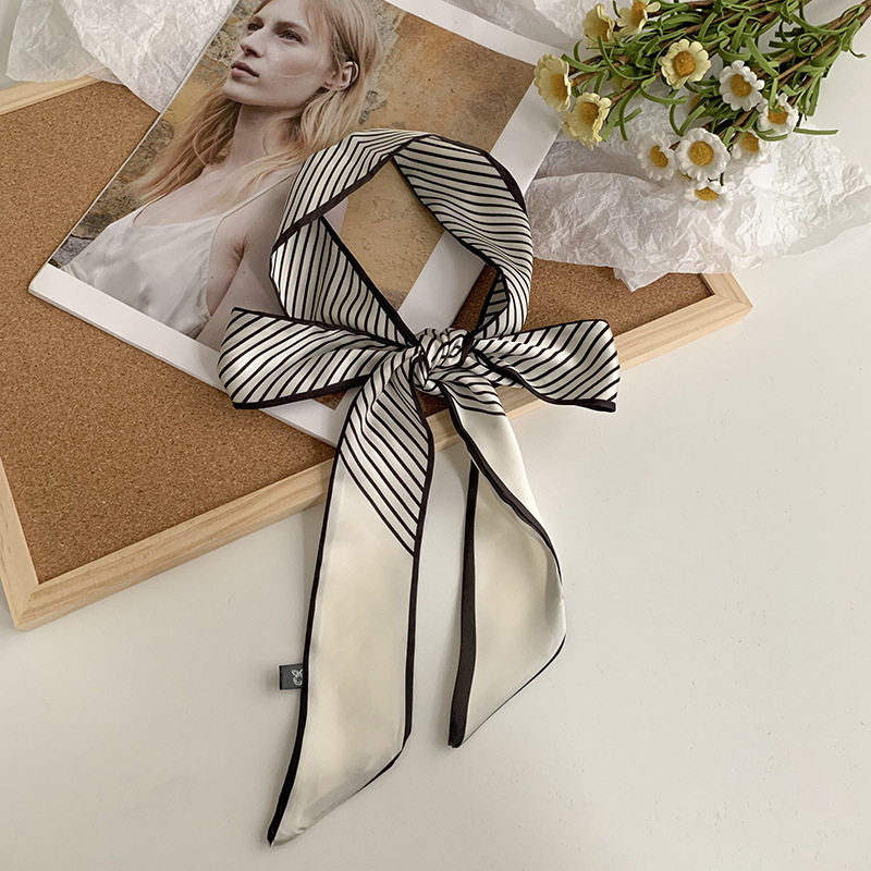 Pañuelo de seda a rayas en blanco y negro, banda larga, sentido de alta calidad, serpentín biselado de primavera y verano, bolso atado, pañuelo en la cabeza, cinturón para el cabello, cinturón para la cintura