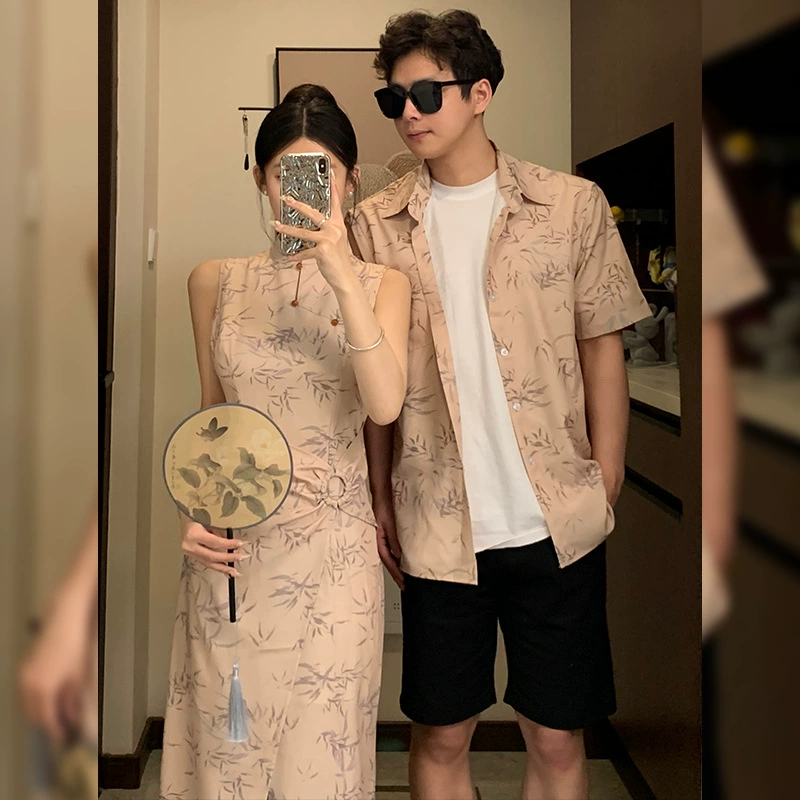 Летняя пара одежда для любимого, CHEONGSAM, рубашка, китайский стиль, с коротким рукавом