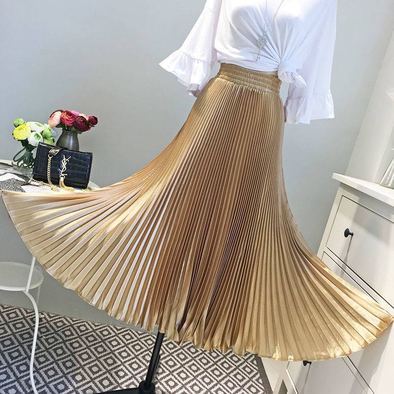 European Station High Waist Retro A- line Organ Pleated Skirt Cross-border Skirt Autumn Dress Metallic Large Swing Long Skirt Women