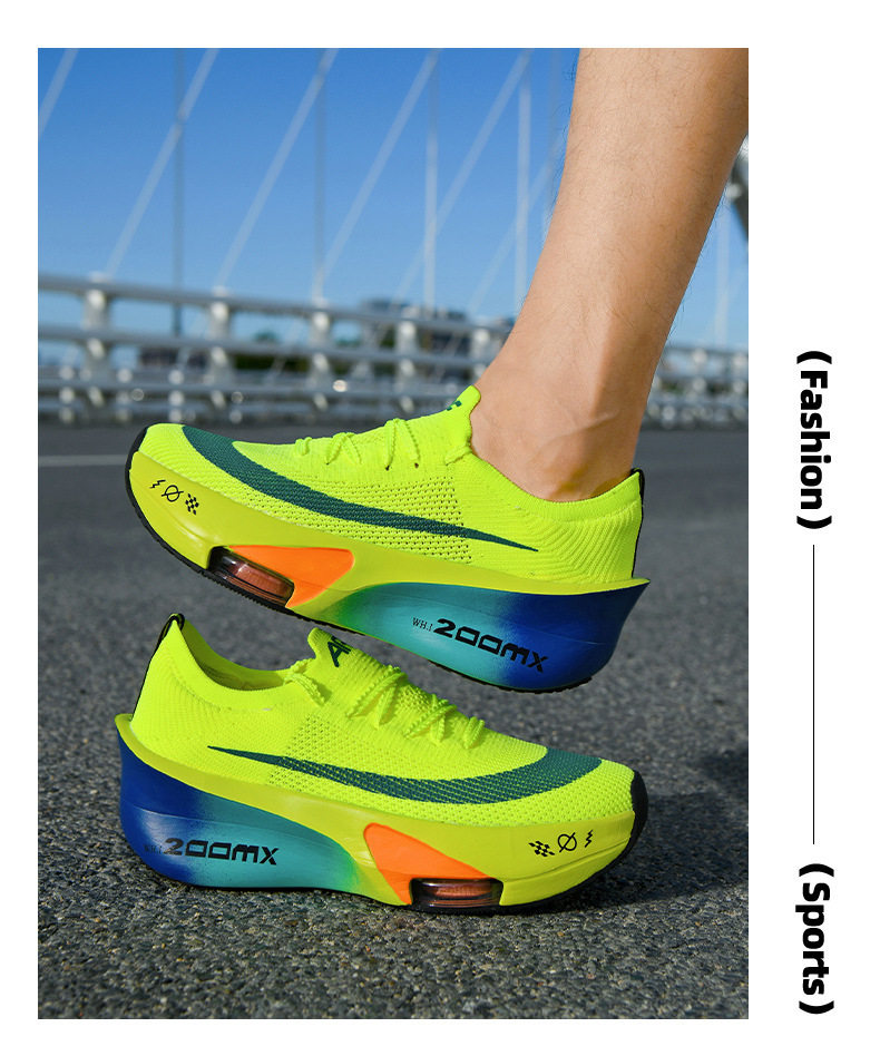 Giày chạy bộ marathon thoáng khí đế cao su, gót vừa 3–5 cm, cổ thấp — Tử Điện, Xanh dạ quang lót lông, Xanh huỳnh quang, Xanh lá phun mực chi tiết 10