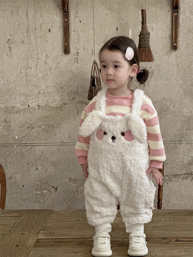 Ropa de otoño e invierno para bebés Suéter a rayas para niños coreanos Monos de lana de dibujos animados lindos Traje de salida de dos piezas