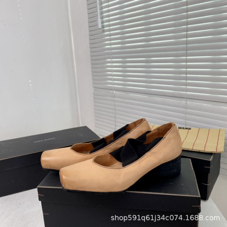 Handmade Old Vintage Pig Nose UMA Ballet Shoes Mid-Heel Cross Strap Square Toe Mid-Heel Mary Jane Women's Single Shoes