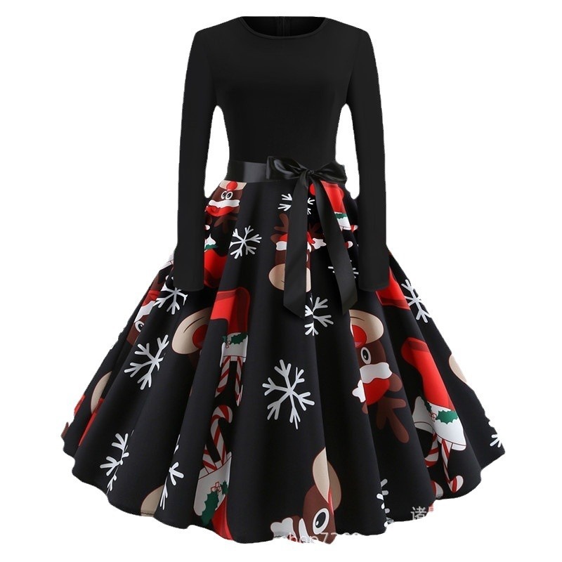 欧米のクリスマスの雪だるまの花のプリントの服装のワンピースの大量の現物は一つずつ売って新しい花を増加します。|undefined
