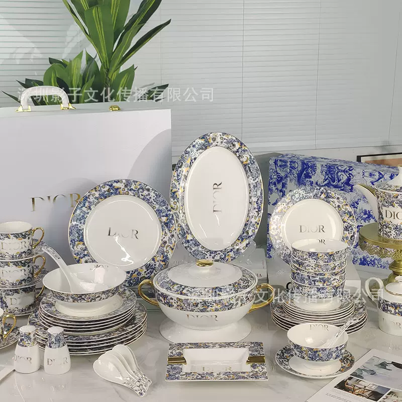 跨境迪家骨瓷餐具套装欧式酒店摆台轻奢高级感家用绣球餐具礼盒装