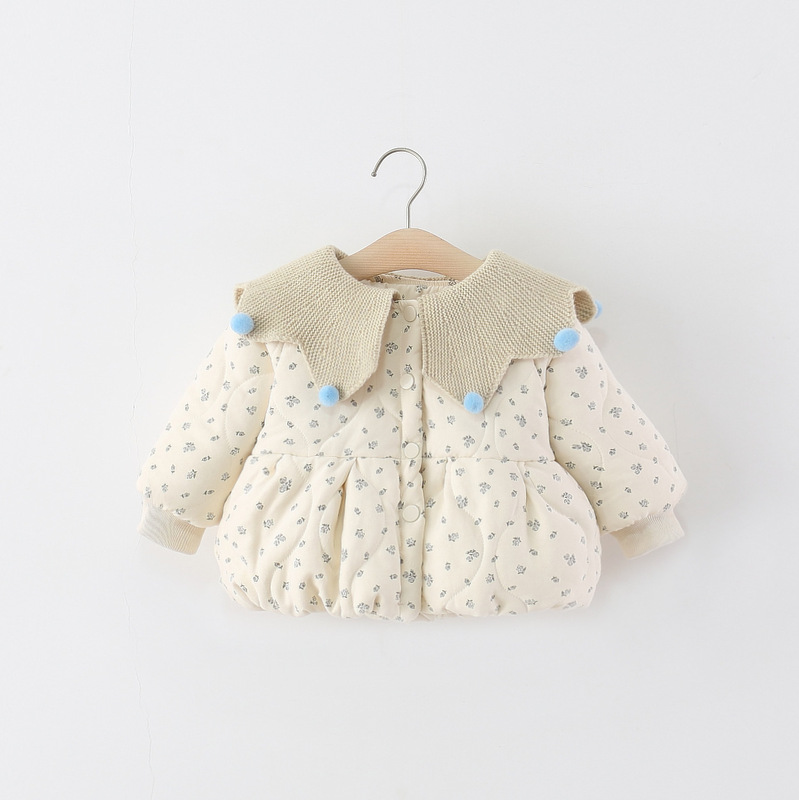 Children's Clothing Girls' Cotton Jacket Winter Thickeneded Fleece-Lined Baby Girl's Floral Wool Ball Lapel Cotton Jacket