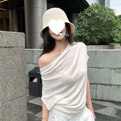 遮肉衫休闲荡领慵懒风蓝色女克莱因夏季短袖斜肩T恤上衣气质显瘦