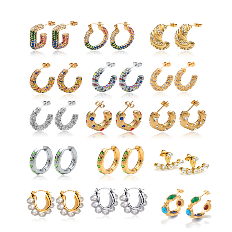 Europa y América transfronteriza retro con incrustaciones de circón pendientes de acero inoxidable creativo temperamento Luz de lujo de alto sentido de las mujeres pendientes de espárragos