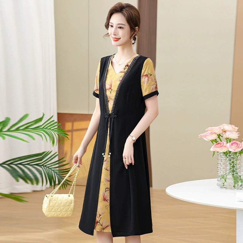 Мама платье в летнем платье юбка сшивания 40 лет 50 лет минус брюхо платье среднего и пожилого возраста с короткими рукавами