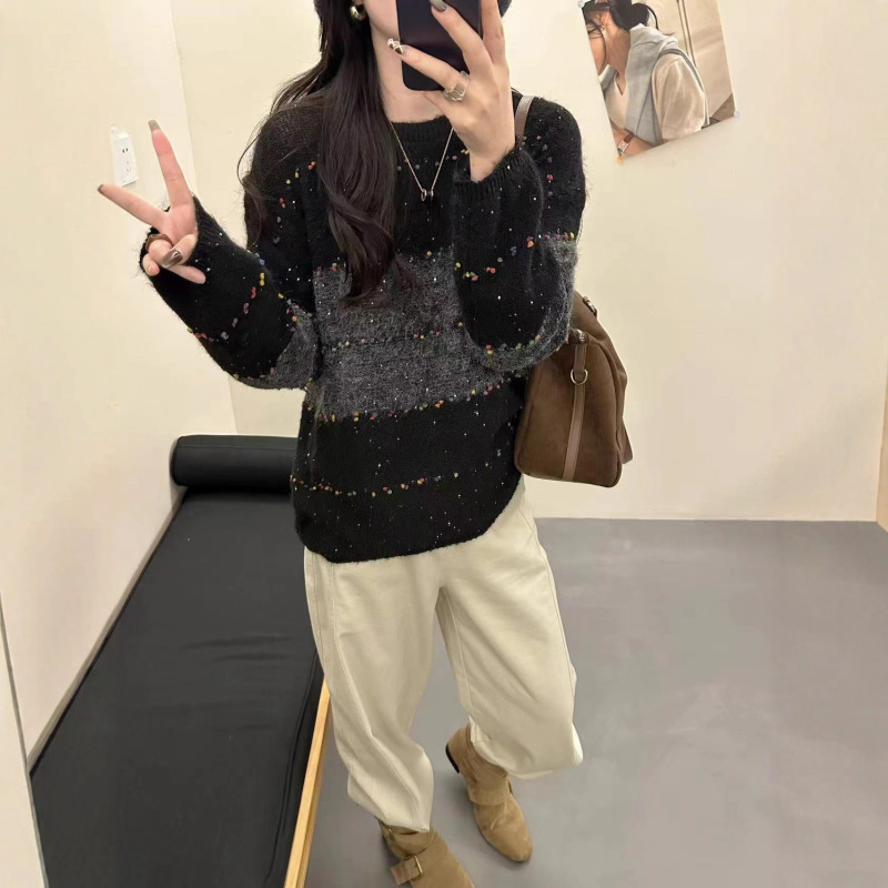 巨好看的韩系氛围感穿搭撞色针织衫女早秋宽松慵懒高级感毛衣上衣|undefined