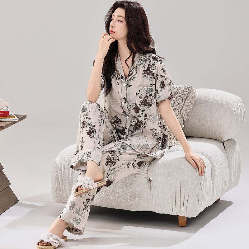 Summer Thin Pajamas Women's Cotton Silk Short-sleeved Trousers suit V-neck Lapel Button Cardigan Pajamas Set Explosions