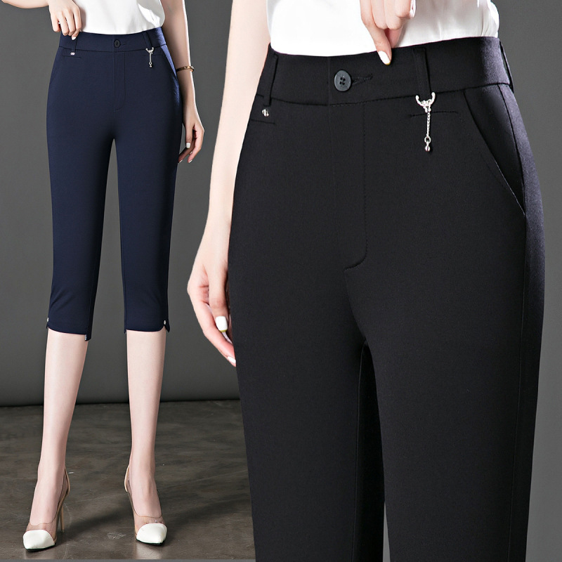 7032 Summer New Arrival Capri Pants High Waist Elastic Mom Pants Middle-aged Women's Pants Middle-aged and Elderly Large Size Slim 7 Pants