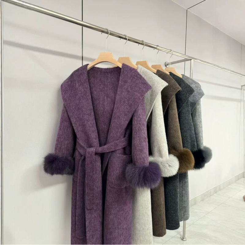 2026 Fall/Winter New Double-Sided Wool Coat with Fox Fur Cuffs, Turn-Down Collar, Hooded and Belted Woolen Jacket for Women
