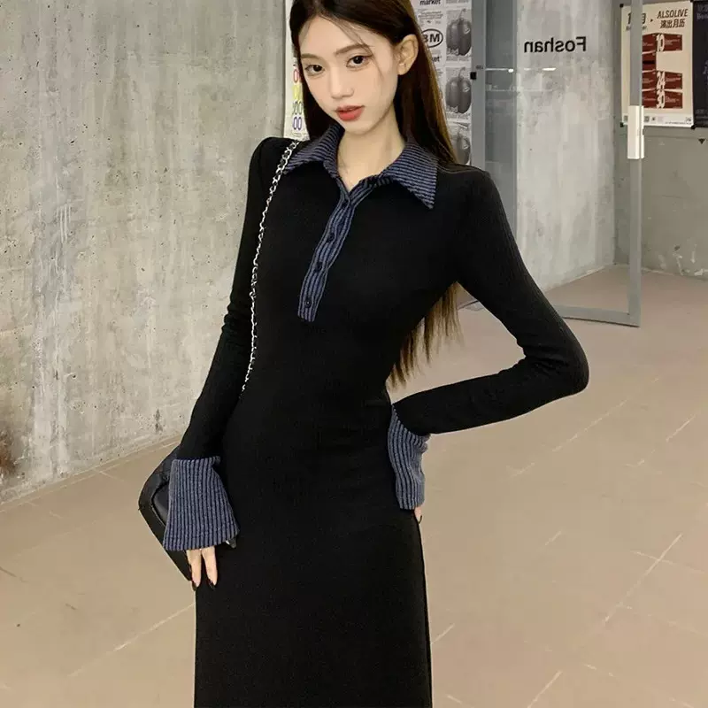 女装拼接Polo领针织连衣裙秋冬季长袖收腰裙子春复古气质a字长裙