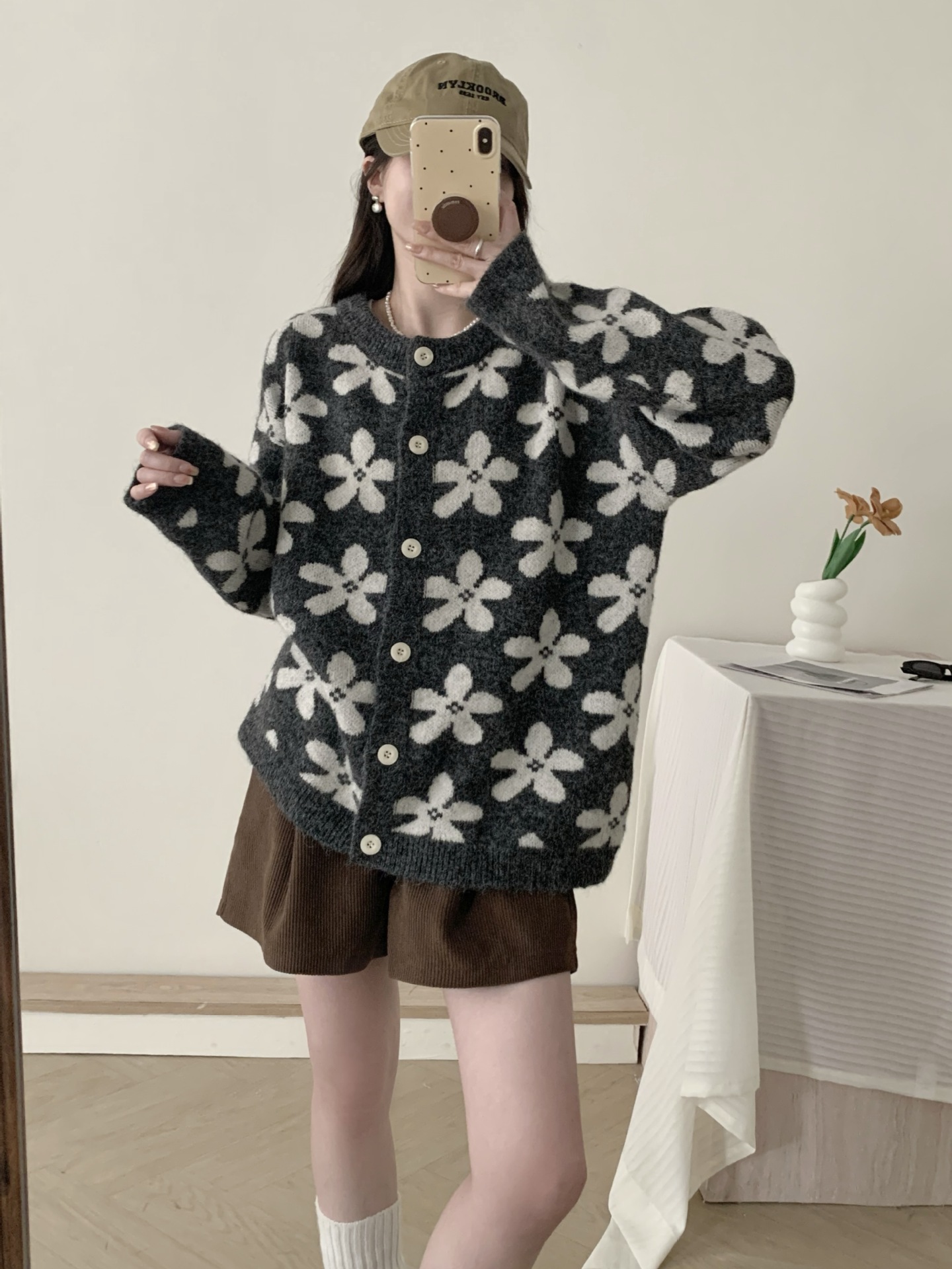 24 Dongpuyuan bk flor retro coreana jacquard cardigan de cuello redondo abrigo 2024