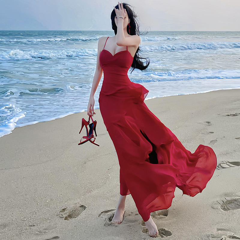 Cross-Border Irregular Waist-Cinching Ruffled Large Hem Dress, Vacation Strapless Long Dress, Atmospheric and Flowing Beach Dress