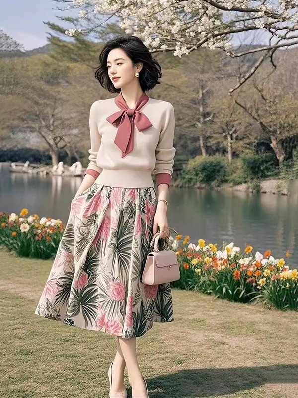小个子气质显瘦高级感系带针织碎花开衫半身裙2025新款套装女|undefined