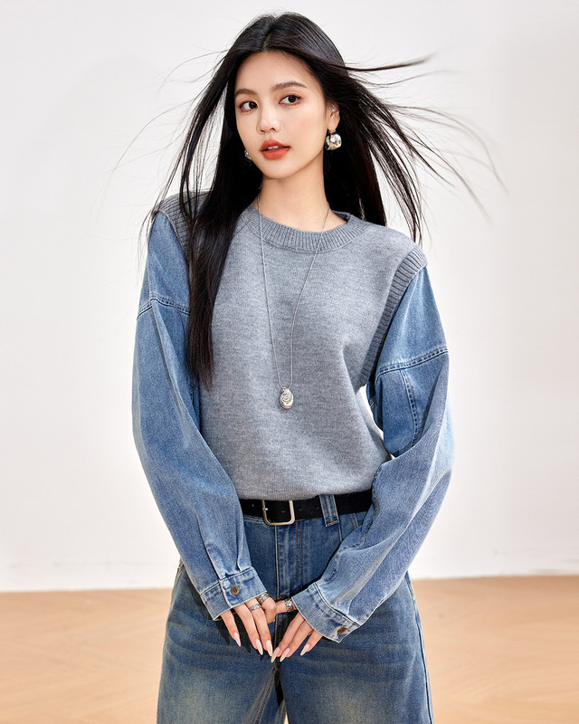实拍◆有现货◆慵懒风灰色毛衣假两件上衣女秋冬2025新款牛仔袖拼|undefined