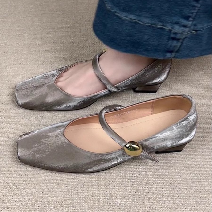 Piel de cordero súper suave ~ Zapatos individuales franceses, zapatos de ballet de tacón bajo con cabeza cuadrada para mujer, zapatos retro Mary Jane con hebilla