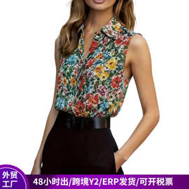 亚马逊无袖衬衫女休闲花卉印花纽扣衬衣女夏薄款透气运动修身上衣